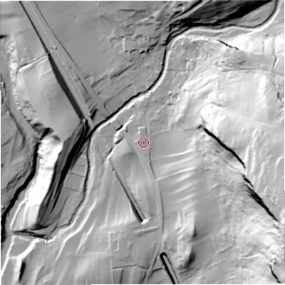 Shaded relief map of the ground around BD249PB, computed from Environment Agency LiDAR. The ground here sits at about 199 m above sea level and falls 126 m across the surrounding 800 m. Surface water reaching this point runs off ground lying to the east-south-east, 94.5 m higher.