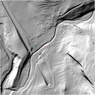 Shaded relief map of the ground around BD249PD, computed from Environment Agency LiDAR. The ground here sits at about 197 m above sea level and falls 124 m across the surrounding 800 m. Surface water reaching this point runs off ground lying to the south-east, 95.8 m higher.