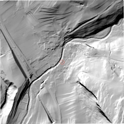 Shaded relief map of the ground around BD249PE, computed from Environment Agency LiDAR. The ground here sits at about 199 m above sea level and falls 132 m across the surrounding 800 m. Surface water reaching this point runs off ground lying to the south-east, 107.5 m higher.