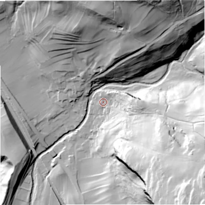 Shaded relief map of the ground around BD249PF, computed from Environment Agency LiDAR. The ground here sits at about 204 m above sea level and falls 119 m across the surrounding 800 m. Surface water reaching this point runs off ground lying to the east, 30.9 m higher.