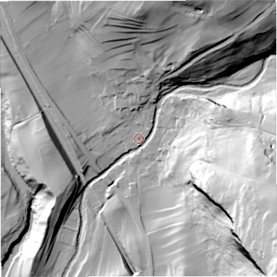 Shaded relief map of the ground around BD249PG, computed from Environment Agency LiDAR. The ground here sits at about 198 m above sea level and falls 128 m across the surrounding 800 m. Surface water reaching this point runs off ground lying to the south-east, 96.8 m higher.