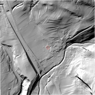 Shaded relief map of the ground around BD249PH, computed from Environment Agency LiDAR. The ground here sits at about 200 m above sea level and falls 109 m across the surrounding 800 m. Surface water reaching this point runs off ground lying to the north-north-east, 73.4 m higher.