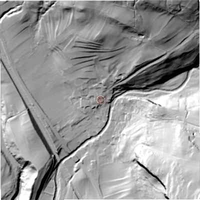 Shaded relief map of the ground around BD249PJ, computed from Environment Agency LiDAR. The ground here sits at about 205 m above sea level and falls 119 m across the surrounding 800 m. Surface water reaching this point runs off ground lying to the north-north-east, 77.1 m higher.