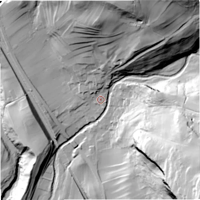 Shaded relief map of the ground around BD249PL, computed from Environment Agency LiDAR. The ground here sits at about 200 m above sea level and falls 127 m across the surrounding 800 m. Surface water reaching this point runs off ground lying to the north, 10.8 m higher.