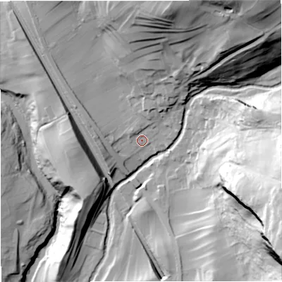 Shaded relief map of the ground around BD249PQ, computed from Environment Agency LiDAR. The ground here sits at about 197 m above sea level and falls 114 m across the surrounding 800 m. Surface water reaching this point runs off ground lying to the north-north-east, 13.9 m higher.