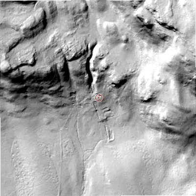Shaded relief map of the ground around BD249PS, computed from Environment Agency LiDAR. The ground here sits at about 422 m above sea level and falls 122 m across the surrounding 800 m. Surface water reaching this point runs off ground lying to the north-east, 92.6 m higher.