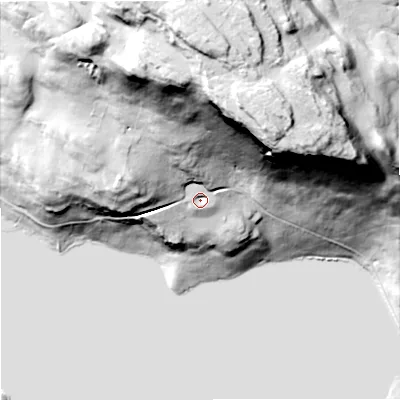 Shaded relief map of the ground around BD249PU, computed from Environment Agency LiDAR. The ground here sits at about 399 m above sea level and falls 98 m across the surrounding 800 m. Surface water reaching this point runs off ground lying to the north, 68.6 m higher.