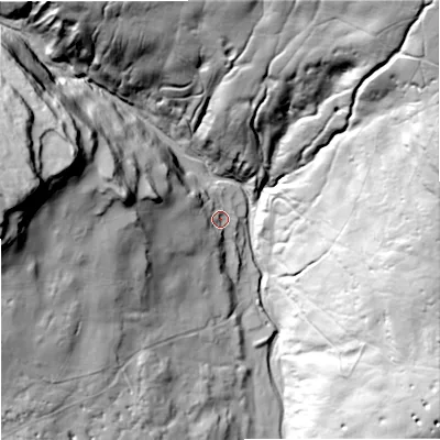 Shaded relief map of the ground around BD249PY, computed from Environment Agency LiDAR. The ground here sits at about 330 m above sea level and falls 132 m across the surrounding 800 m. Surface water reaching this point runs off ground lying to the west-north-west, 28.2 m higher.
