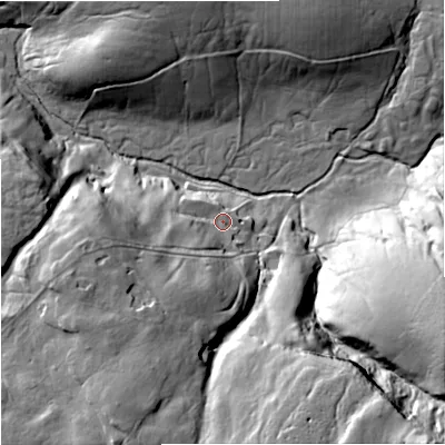 Shaded relief map of the ground around BD249PZ, computed from Environment Agency LiDAR. The ground here sits at about 324 m above sea level and falls 75 m across the surrounding 800 m. Surface water reaching this point runs off ground lying to the south-west, 14.2 m higher.