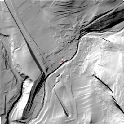 Shaded relief map of the ground around BD249QB, computed from Environment Agency LiDAR. The ground here sits at about 196 m above sea level and falls 117 m across the surrounding 800 m. Surface water reaching this point runs off ground lying to the east-south-east, 81.4 m higher.