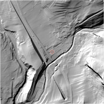 Shaded relief map of the ground around BD249QD, computed from Environment Agency LiDAR. The ground here sits at about 197 m above sea level and falls 105 m across the surrounding 800 m. Surface water reaching this point runs off ground lying to the north-north-east, 53.1 m higher.
