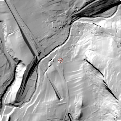 Shaded relief map of the ground around BD249QE, computed from Environment Agency LiDAR. The ground here sits at about 199 m above sea level and falls 127 m across the surrounding 800 m. Surface water reaching this point runs off ground lying to the east-south-east, 96.2 m higher.