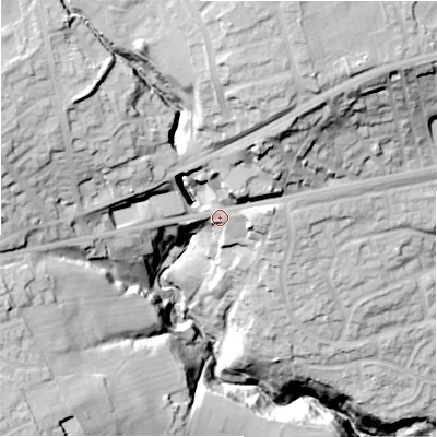 Shaded relief map of the ground around BD62HL, computed from Environment Agency LiDAR. The ground here sits at about 236 m above sea level and falls 60 m across the surrounding 800 m. Surface water reaching this point runs off ground lying to the north, 30.5 m higher.