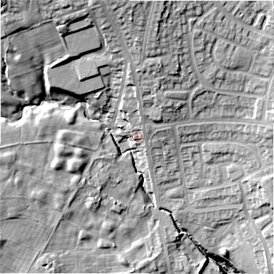 Shaded relief map of the ground around BD63NS, computed from Environment Agency LiDAR. The ground here sits at about 262 m above sea level and falls 38 m across the surrounding 800 m. Surface water reaching this point runs off ground lying to the north-north-east, 5.3 m higher.
