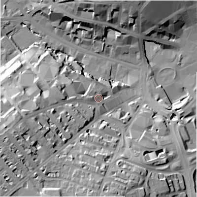 Shaded relief map of the ground around BD71AL, computed from Environment Agency LiDAR. The ground here sits at about 114 m above sea level and falls 37 m across the surrounding 800 m. Surface water reaching this point runs off ground lying to the west-south-west, 21.7 m higher.