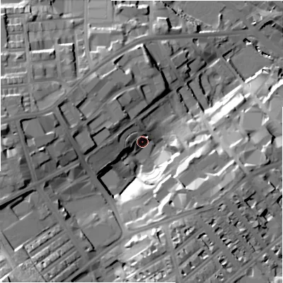 Shaded relief map of the ground around BD71AY, computed from Environment Agency LiDAR. The ground here sits at about 120 m above sea level and falls 44 m across the surrounding 800 m. Surface water reaching this point runs off ground lying to the south-west, 27.9 m higher.