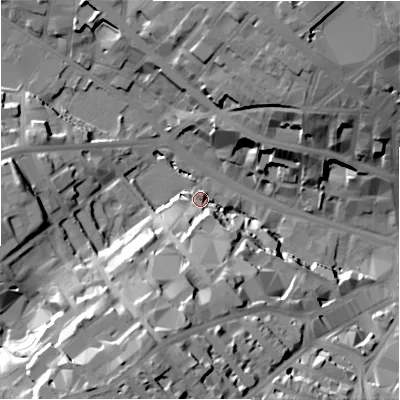 Shaded relief map of the ground around BD71DD, computed from Environment Agency LiDAR. The ground here sits at about 106 m above sea level and falls 36 m across the surrounding 800 m. Surface water reaching this point runs off ground lying to the south-south-west, 14.5 m higher.
