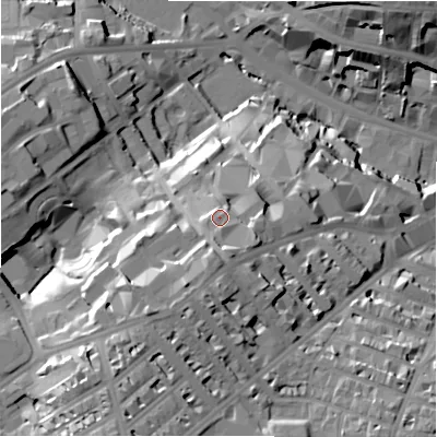 Shaded relief map of the ground around BD71DP, computed from Environment Agency LiDAR. The ground here sits at about 128 m above sea level and falls 38 m across the surrounding 800 m. Surface water reaching this point runs off ground lying to the south-south-west, 5.8 m higher.