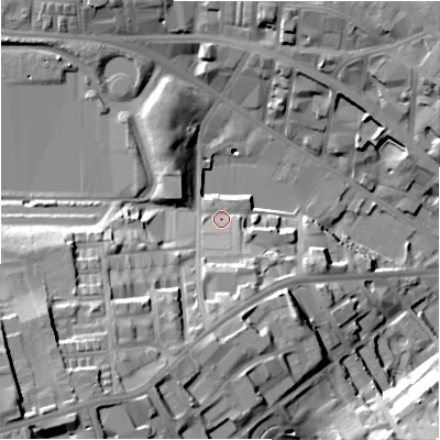 Shaded relief map of the ground around BD71JB, computed from Environment Agency LiDAR. The ground here sits at about 114 m above sea level and falls 35 m across the surrounding 800 m. Surface water reaching this point runs off ground lying to the south-south-east, 8.4 m higher.