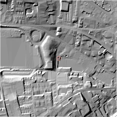 Shaded relief map of the ground around BD71JE, computed from Environment Agency LiDAR. The ground here sits at about 110 m above sea level and falls 34 m across the surrounding 800 m. Surface water reaching this point runs off ground lying to the south-west, 28.3 m higher.