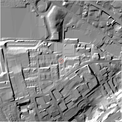 Shaded relief map of the ground around BD71JP, computed from Environment Agency LiDAR. The ground here sits at about 121 m above sea level and falls 36 m across the surrounding 800 m. Surface water reaching this point runs off ground lying to the south, 10.1 m higher.