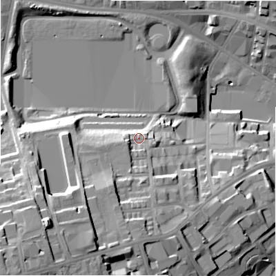 Shaded relief map of the ground around BD71LB, computed from Environment Agency LiDAR. The ground here sits at about 124 m above sea level and falls 42 m across the surrounding 800 m. Surface water reaching this point runs off ground lying to the south-south-west, 8.6 m higher.