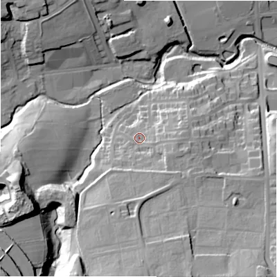 Shaded relief map of the ground around BD72QQ, computed from Environment Agency LiDAR. The ground here sits at about 138 m above sea level and falls 50 m across the surrounding 800 m. Surface water reaching this point runs off ground lying to the south, 27.7 m higher.