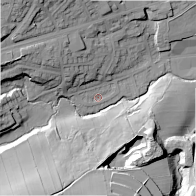 Shaded relief map of the ground around BD80EN, computed from Environment Agency LiDAR. The ground here sits at about 136 m above sea level and falls 51 m across the surrounding 800 m. Surface water reaching this point runs off ground lying to the west-north-west, 3.7 m higher.