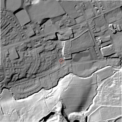 Shaded relief map of the ground around BD80EP, computed from Environment Agency LiDAR. The ground here sits at about 133 m above sea level and falls 41 m across the surrounding 800 m. Surface water reaching this point runs off ground lying to the west, 21.9 m higher.