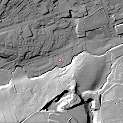 Shaded relief map of the ground around BD80ER, computed from Environment Agency LiDAR. The ground here sits at about 135 m above sea level and falls 48 m across the surrounding 800 m. Surface water reaching this point runs off ground lying to the west-north-west, 20.7 m higher.