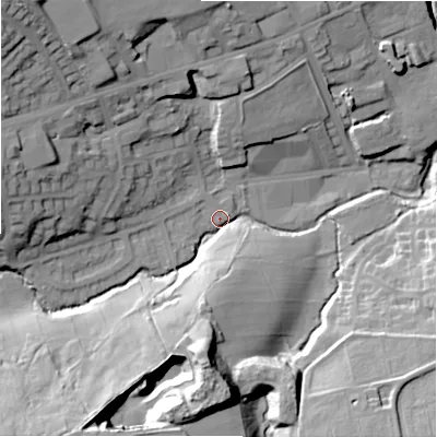 Shaded relief map of the ground around BD80ES, computed from Environment Agency LiDAR. The ground here sits at about 133 m above sea level and falls 42 m across the surrounding 800 m. Surface water reaching this point runs off ground lying to the south-west, 34.8 m higher.