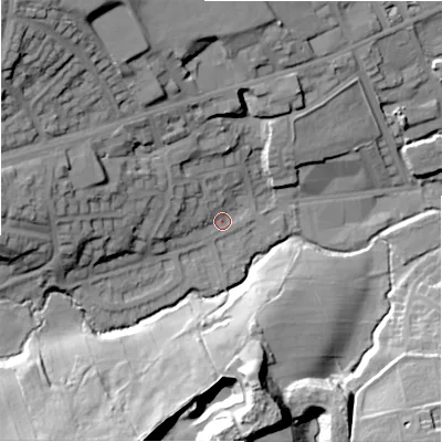 Shaded relief map of the ground around BD80EW, computed from Environment Agency LiDAR. The ground here sits at about 135 m above sea level and falls 39 m across the surrounding 800 m. Surface water reaching this point runs off ground lying to the west-north-west, 17.1 m higher.