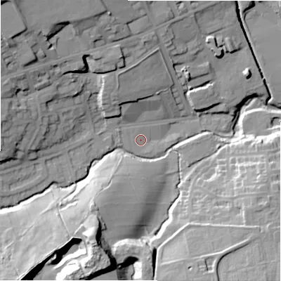 Shaded relief map of the ground around BD80HA, computed from Environment Agency LiDAR. The ground here sits at about 131 m above sea level and falls 40 m across the surrounding 800 m. Surface water reaching this point runs off ground lying to the west, 3.7 m higher.