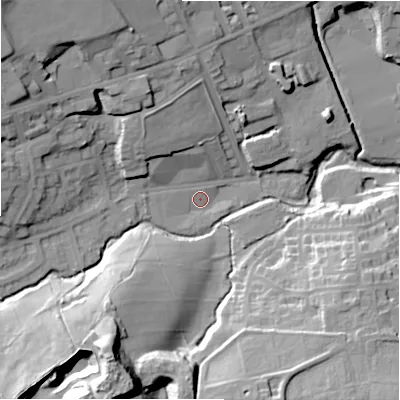Shaded relief map of the ground around BD80HR, computed from Environment Agency LiDAR. The ground here sits at about 130 m above sea level and falls 41 m across the surrounding 800 m. Surface water reaching this point runs off ground lying to the west-north-west, 16.8 m higher.