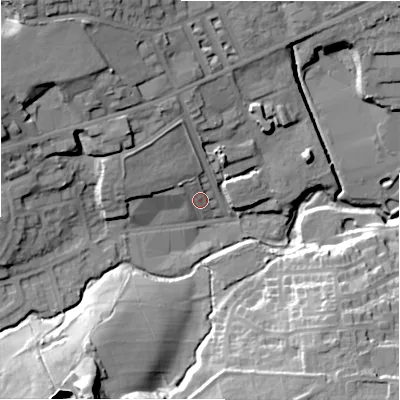 Shaded relief map of the ground around BD80HS, computed from Environment Agency LiDAR. The ground here sits at about 133 m above sea level and falls 41 m across the surrounding 800 m. Surface water reaching this point runs off ground lying to the north-west, 5.0 m higher.