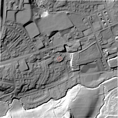 Shaded relief map of the ground around BD80HT, computed from Environment Agency LiDAR. The ground here sits at about 140 m above sea level and falls 45 m across the surrounding 800 m. Surface water reaching this point runs off ground lying to the west-north-west, 5.9 m higher.