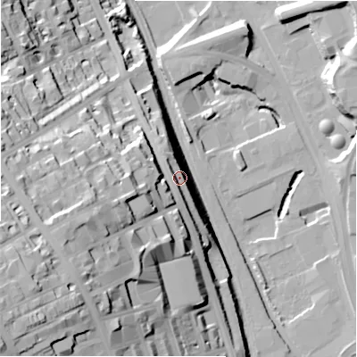 Shaded relief map of the ground around BD87DQ, computed from Environment Agency LiDAR. The ground here sits at about 106 m above sea level and falls 56 m across the surrounding 800 m. Surface water reaching this point runs off ground lying to the west-south-west, 7.1 m higher.