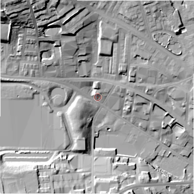Shaded relief map of the ground around BD88JU, computed from Environment Agency LiDAR. The ground here sits at about 113 m above sea level and falls 41 m across the surrounding 800 m. Surface water reaching this point runs off ground lying to the north-west, 34.9 m higher.