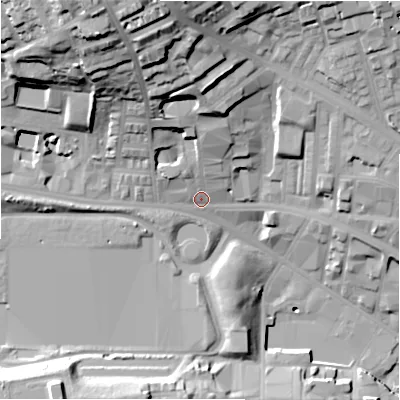 Shaded relief map of the ground around BD88JZ, computed from Environment Agency LiDAR. The ground here sits at about 117 m above sea level and falls 46 m across the surrounding 800 m. Surface water reaching this point runs off ground lying to the north-north-west, 36.2 m higher.
