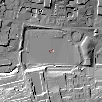 Shaded relief map of the ground around BD88LG, computed from Environment Agency LiDAR. The ground here sits at about 117 m above sea level and falls 33 m across the surrounding 800 m. Surface water reaching this point runs off ground lying to the north, 0.8 m higher.