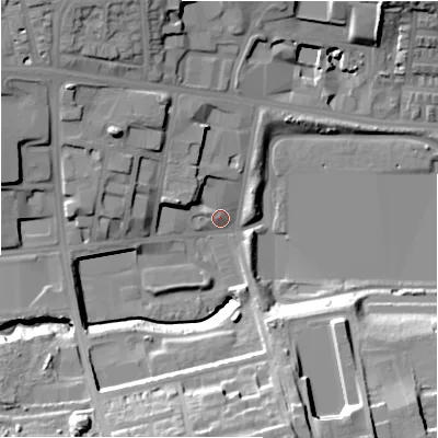 Shaded relief map of the ground around BD89AE, computed from Environment Agency LiDAR. The ground here sits at about 120 m above sea level and falls 29 m across the surrounding 800 m. Surface water reaching this point runs off ground lying to the north-north-west, 5.8 m higher.