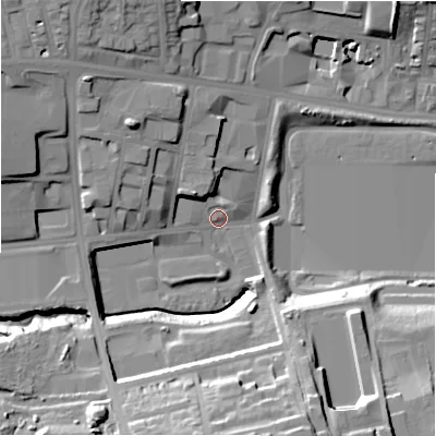Shaded relief map of the ground around BD89AJ, computed from Environment Agency LiDAR. The ground here sits at about 119 m above sea level and falls 30 m across the surrounding 800 m. Surface water reaching this point runs off ground lying to the north-west, 14.0 m higher.