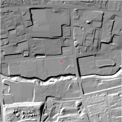 Shaded relief map of the ground around BD89AL, computed from Environment Agency LiDAR. The ground here sits at about 123 m above sea level and falls 40 m across the surrounding 800 m. Surface water reaching this point runs off ground lying to the south-west, 1.3 m higher.