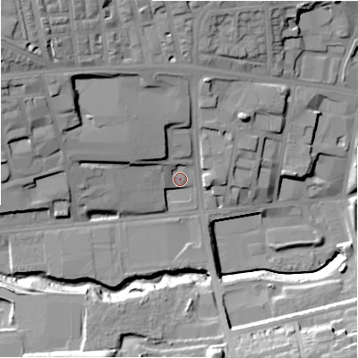 Shaded relief map of the ground around BD89AN, computed from Environment Agency LiDAR. The ground here sits at about 124 m above sea level and falls 33 m across the surrounding 800 m. Surface water reaching this point runs off ground lying to the north-west, 11.0 m higher.