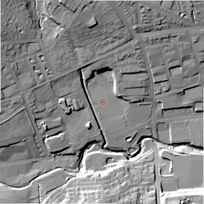 Shaded relief map of the ground around BD89RU, computed from Environment Agency LiDAR. The ground here sits at about 128 m above sea level and falls 32 m across the surrounding 800 m. Surface water reaching this point runs off ground lying to the west, 1.2 m higher.