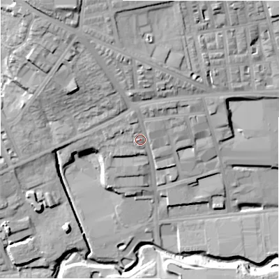 Shaded relief map of the ground around BD89RY, computed from Environment Agency LiDAR. The ground here sits at about 137 m above sea level and falls 40 m across the surrounding 800 m. Surface water reaching this point runs off ground lying to the north-north-west, 15.2 m higher.