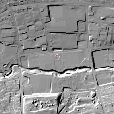 Shaded relief map of the ground around BD89SY, computed from Environment Agency LiDAR. The ground here sits at about 124 m above sea level and falls 37 m across the surrounding 800 m. The ground contributing surface water to this point lies to the west-south-west.
