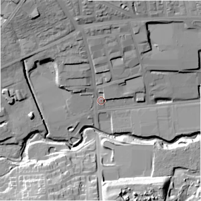Shaded relief map of the ground around BD89TB, computed from Environment Agency LiDAR. The ground here sits at about 126 m above sea level and falls 33 m across the surrounding 800 m. Surface water reaching this point runs off ground lying to the north, 21.9 m higher.