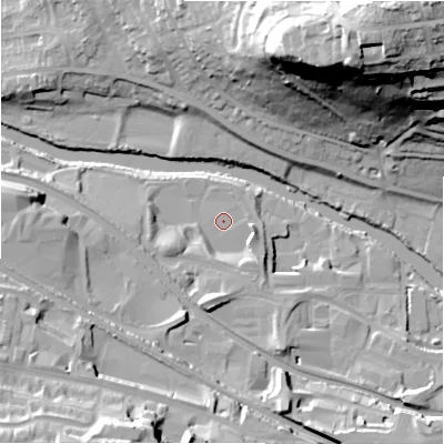 Shaded relief map of the ground around BD988AA, computed from Environment Agency LiDAR. The ground here sits at about 65 m above sea level and falls 58 m across the surrounding 800 m. Surface water reaching this point runs off ground lying to the south-south-east, 4.1 m higher.