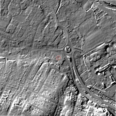 Shaded relief map of the ground around BH107AG, computed from Environment Agency LiDAR. The ground here sits at about 11 m above sea level and falls 31 m across the surrounding 800 m. Surface water reaching this point runs off ground lying to the south-south-west, 6.1 m higher.